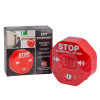 Red sti exit stopper device with keyhole and matching box showing product images and text