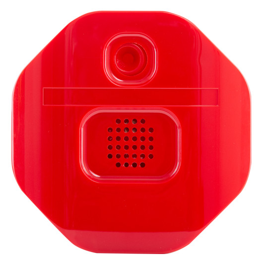 Front view of red exit stopper remote sounder showing speaker and sensor details