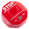 Red exit door alarm with transmitter shown from an angled top view with text and key switch visible