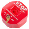 Red exit door alarm with transmitter shown angled with a key inserted in the lock