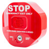 Red exit door alarm with transmitter shown at an angled view with stop and emergency exit only text