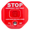 Front view of the exit door alarm with transmitter showing a red octagonal shape with stop and emergency exit text