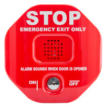 Front view of the exit door alarm with transmitter showing a red octagonal shape with stop and emergency exit text