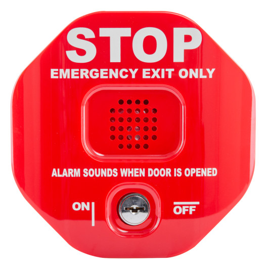 Front view of the exit door alarm with transmitter showing a red octagonal shape with stop and emergency exit text