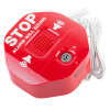 red exit stopper for double doors with angled top showing speaker, key lock and attached white cable