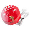 Exit stopper for double doors shown angled with white cable and set of keys attached