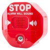 angled red exit stopper for double doors with alarm text and speaker grille on front
