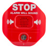 Front view of a red exit stopper for double doors with stop warning and speaker grill visible
