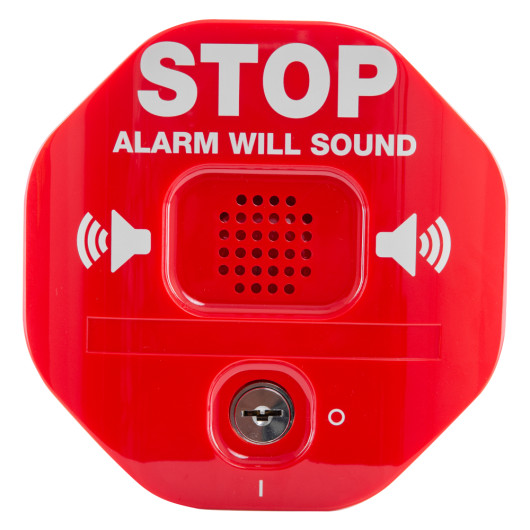 Front view of a red exit stopper for double doors with stop warning and speaker grill visible