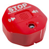 angled view of a red wireless exit stopper foor alarm with transmitter showing speaker holes and stop alarm text