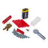 Contents of wireless exit stopper foor alarm with transmitter including battery, keys, screws, red and white plastic parts, and a metal tool