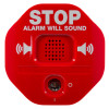 Front view of a red wireless exit stopper foor alarm with transmitter showing speaker grille and warning text STOP ALARM WILL SOUND
