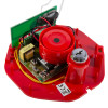 Internal components of a wireless exit stopper foor alarm with transmitter showing circuit board and wiring on a red base