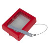 angled view of red sti key box medium with a clear window and attached metal cable lock