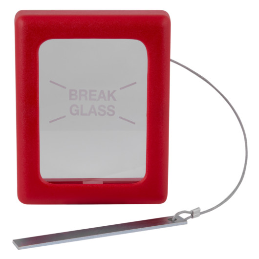 Front view of sti key box medium in red with a break glass panel and attached metal tool