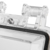 Close-up of transparent hinges on sti polycarbonate protective deep cover flush mounted panels 103mm key lock
