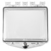Front view of sti polycarbonate protective shallow cover flush mounted panel with 57mm thumb lock in clear material