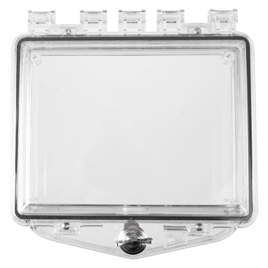 Front view of sti polycarbonate protective shallow cover flush mounted panel with 57mm thumb lock in clear material