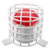 Front view of a 95x90mm vandal cage with white protective metal bars and a red central component