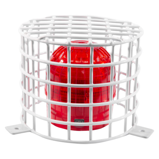 Side view of a 95x90mm vandal cage made of white metal grid surrounding a red object inside