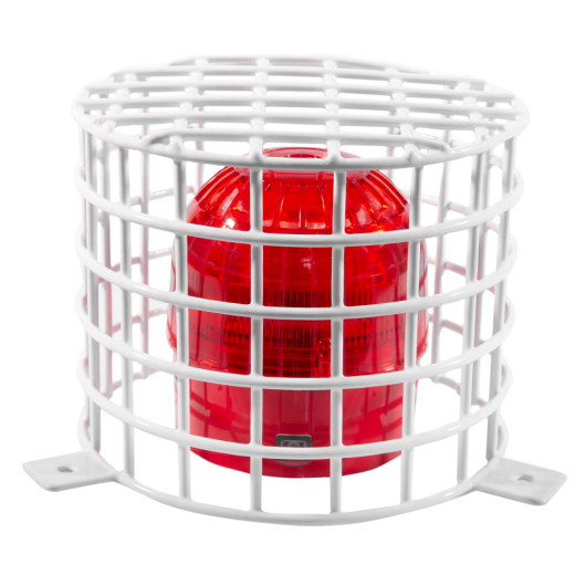 White sti vandal cage 150 125 protecting a red over strobe light seen from the front