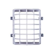 Front view of the sti 9621 vandal cage showing a white metal grid structure with mounting brackets