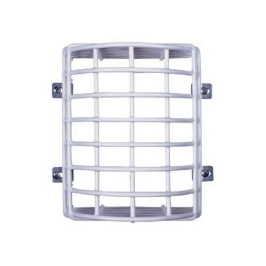 Front view of the sti 9621 vandal cage showing a white metal grid structure with mounting brackets
