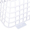 Close up of white metal sti vandal cage 450mm showing the corner and mounting plate with hole for fixing