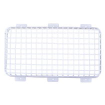 Front view of a white sti vandal cage 450mm showing a rectangular metal grid with mounting tabs