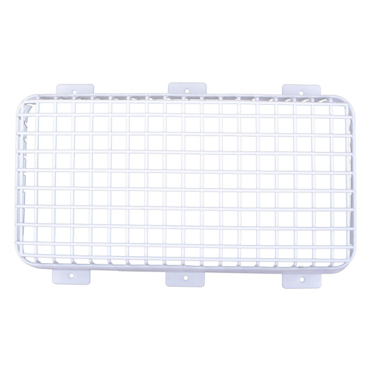 Front view of a white sti vandal cage 450mm showing a rectangular metal grid with mounting tabs