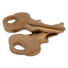 angled close-up of two exit stopper replacement keys stacked together showing their unique cut patterns