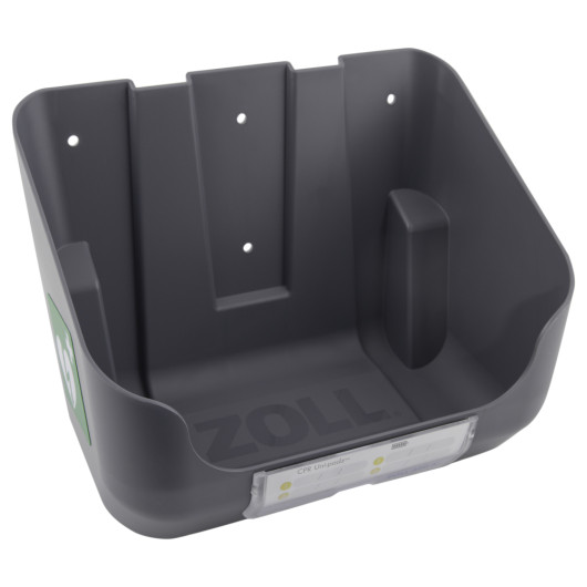 angled zoll aed 3 defibrillator wall mounted bracket in dark plastic with mounting holes and label holder