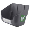 angled view of a grey zoll aed 3 defibrillator wall mounted bracket with a medical symbol on the side