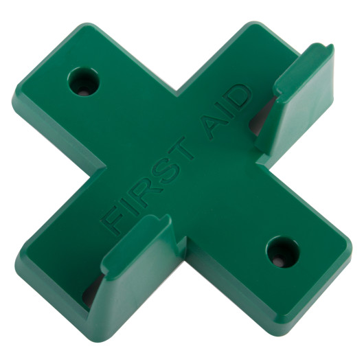 green alpha wall bracket first aid shown from an angled view with two hooks and visible screw holes