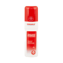 Front view of burnshield hydrogel burn spray 125ml studio in white and red bottle with label text visible