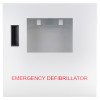 Front view of defibtech lifeline aed automatic defibrillator wall cabinet with window and handle showing emergency defibrillator text