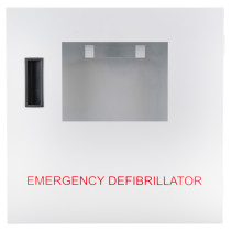 Front view of defibtech lifeline aed automatic defibrillator wall cabinet with window and handle showing emergency defibrillator text