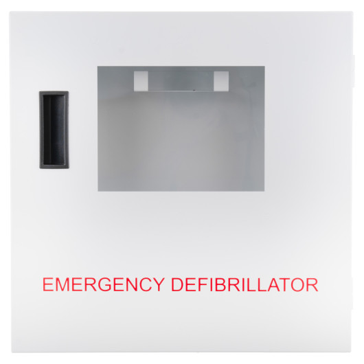 Front view of defibtech lifeline aed automatic defibrillator wall cabinet with window and handle showing emergency defibrillator text