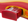 Closeup of battery inserted in defibtech lifeline aed trainer unit showing part of red and yellow casing