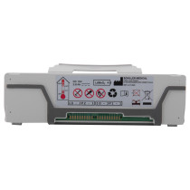 defisign life defibrillator battery pack showing front with label and connector pins on white background
