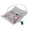 angled view of defisign life adult defibrillator pads with illustrated instructions and a blue connector cable