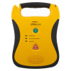 Front view of defibtech lifeline semi automatic defibrillator showing yellow device with handle and control buttons