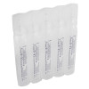 Front view of a set of five eye wash phials 25 pack arranged side by side in clear plastic containers