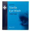 Front of a blue box of eye wash phials 25 pack showing product name and an image of a human eye