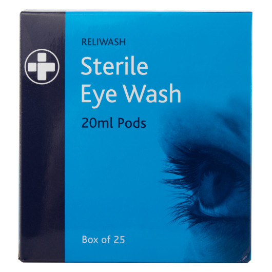 Front of a blue box of eye wash phials 25 pack showing product name and an image of a human eye