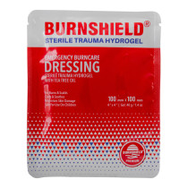burnshield 10cm sterile emergency burn dressing packet shown from front with red white blue packaging text visible