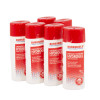Group of seven burnshield hydrogel burn treatment 50ml bottles with red caps and white labels on a white background