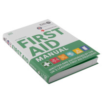 Angled photo of the st john ambulance first aid manual with green and white cover and various icons on the front