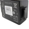 Close up clip of the front angled side of a philips heartstart fr3 battery showing label and connector
