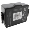 close up angled view of the philips heartstart fr3 battery front showing label and warnings